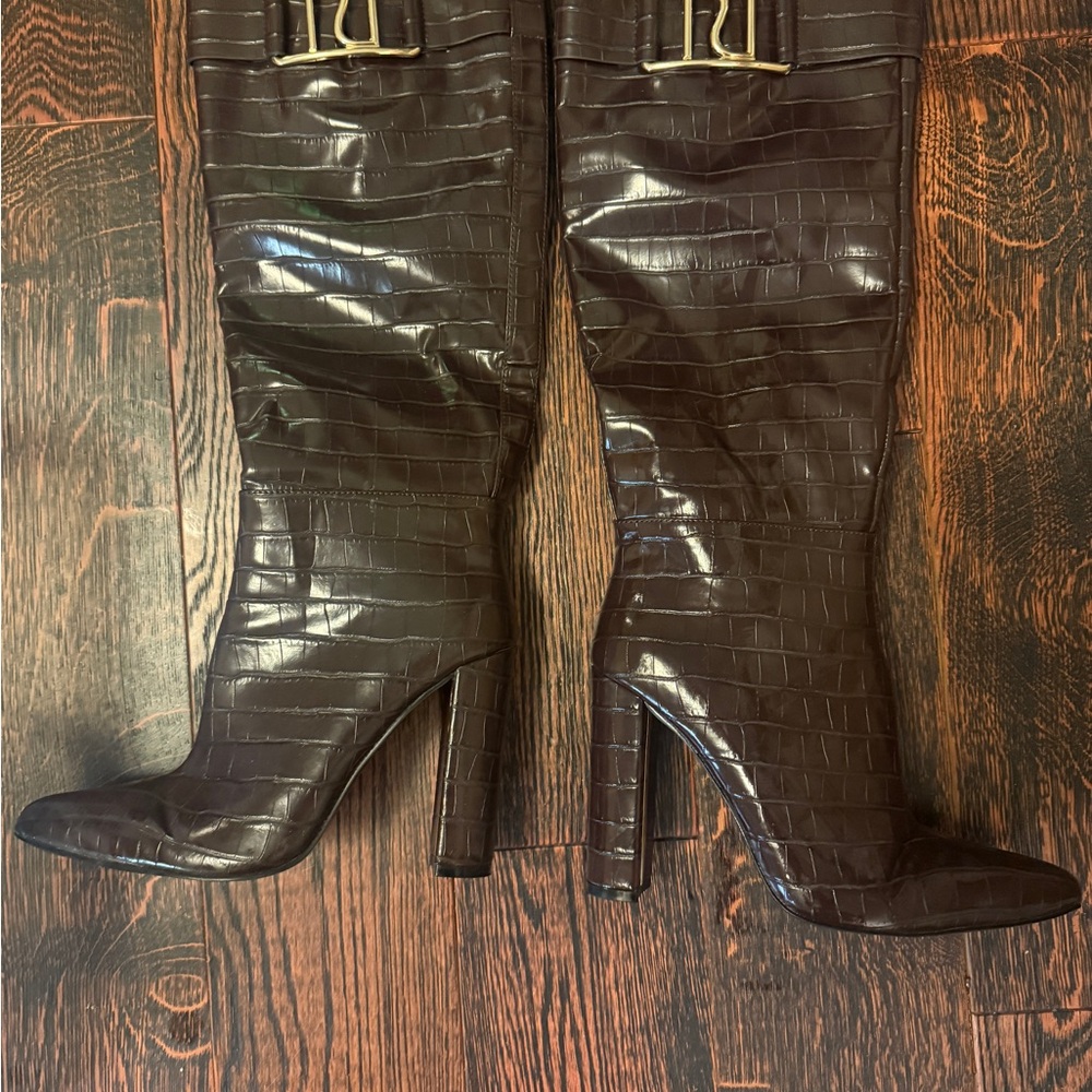 River Island Croc-Embossed Over-The-Knee High Heel Boots in Dark Brown